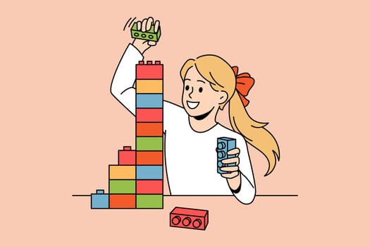 Children leisure hobby activities concept. Smiling small girl playing making pyramid of colorful lego pieces building tower vector illustration