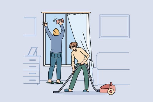 Housework and cleaning apartment concept. Young couple in home clothes cleaning window and vacuuming carpet together at home at weekend vector illustration