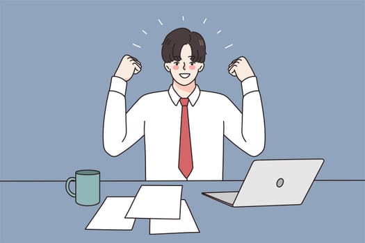 Overjoyed businessman feel euphoric with online deal or agreement on computer. Smiling man employee or worker triumph with job promotion. Hiring, employment concept. Flat vector illustration.