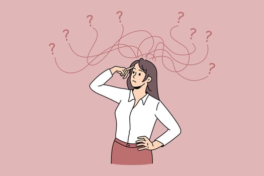Frustration and feeling doubt concept. Young woman worker standing thinking trying to choose between many opportunities and ways making choice vector illustration