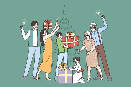 Happy big family with kids celebrate Christmas near fir-tree together. Smiling parents with children and grandparents enjoy New Year winter holidays with gifts and lights. Vector illustration.