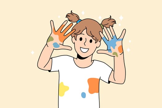 Drawing painting and children fun concept. Smiling girl kid standing showing hands with colorful dots after painting feeling cheerful vector illustration