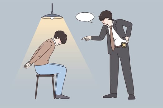 Police detective question interrogate criminal in handcuffs in department. Policeman have interrogation of suspect in cell after crime committing. Law and order, justice concept. Vector illustration.
