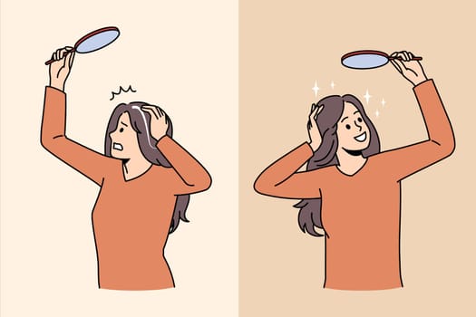 Grey hair and colored hair concept. Frustrated stressed woman seeing grey hair on head and happy one with colored hair looking at mirror vector illustration