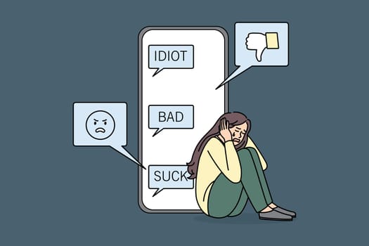 Online misunderstanding and fight concept. Sad depressed young girl sitting crying and covering head with hands remembering detail of busing online feeling unhappy vector illustration