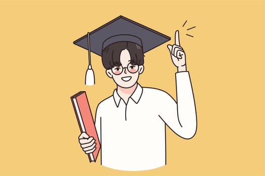 Happy guy in glasses and graduation cap feel overjoyed with school or college finish. Smiling man excited proud with university accomplishment. Education success concept. Vector illustration.