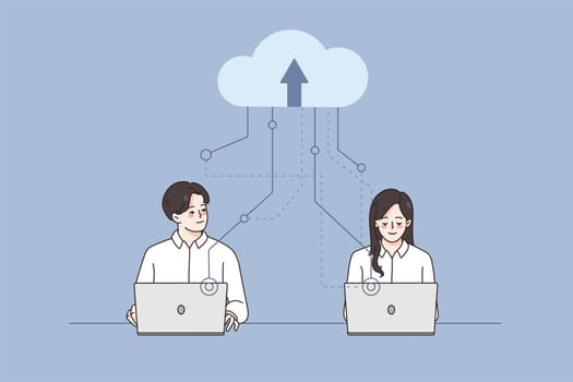 Businesspeople work on computers using cloud service. Employees or colleague busy with laptops take advantage of remote storage online. Modern technology for office job. Vector illustration.