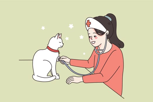 Little caring girl child dressed as vet doctor listen with stethoscope to cats heart. Smiling small kid play act as veterinarian nurse help kitty. Future profession, pet lover. Vector illustration.