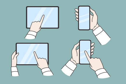 People hold various gadgets text message online. Men and women use modern devices cellphones and tablets browse internet. Technology and communication concept. Vector illustration.