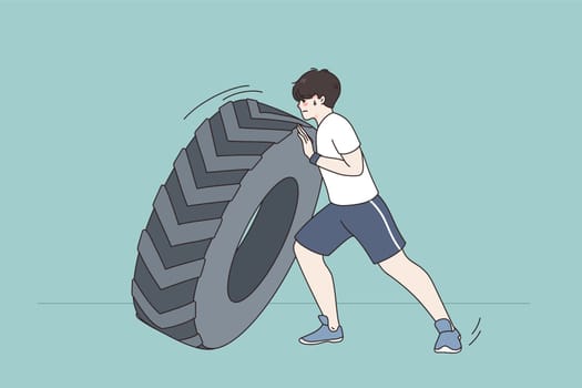 Young sportsman push tire do workout exercise in gym. Toned strong man doing sports train with tyre outdoor. Crossfit and weightlifting. Healthy lifestyle concept. Flat vector illustration.