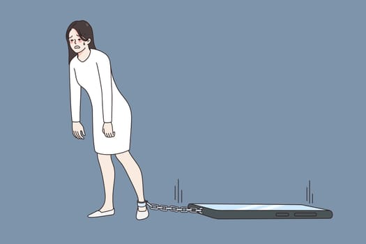 Unhappy young woman tied to cellphone suffer from technology dependence. Upset distressed girl chained to smartphone, have social media addiction. Gadget dependence problem. Vector illustration.