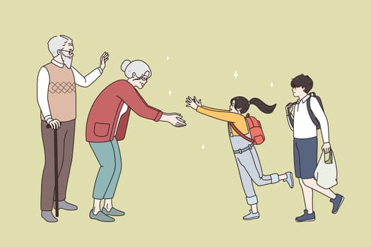 Excited small kids visit elderly grandparents. Happy mature grandmother and grandfather meet happy little grandchildren. Family bonding and reunion. Older and younger generation. Vector illustration.