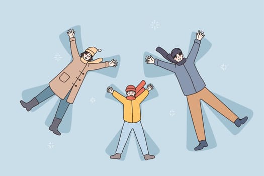 Happy young family with kid lying on ground play rest make snow angels together. Smiling parents have fun relax with kid enjoy winter holidays outdoors. Vacation concept. Vector illustration.