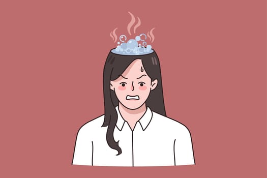 Stressed angry businesswoman with burning head brain overwhelmed with work schedule or deadline. Unhappy woman have mental breakdown or burnout. Psychological trauma. Vector illustration.