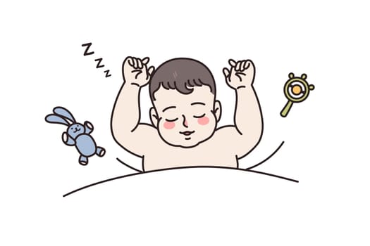 Cute healthy newborn baby sleep in bed with toys around. Little infant kid child relax nap daydream in cradle or bassinet. Childhood healthcare concept. Motherhood, parenthood. Vector illustration.