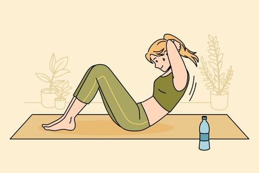 Active healthy lifestyle sport concept. Smiling sweating girl making sports exercise training at home on fitness mat for strong abs press vector illustration
