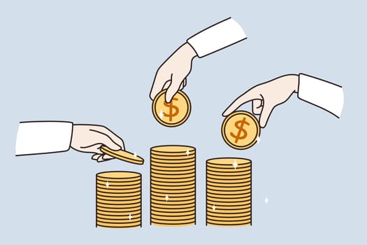 Close up of businesspeople put golden coins on stack make investment. Business people collect money engaged in deal or agreement. Bank loan or mortgage. Finances concept. Vector illustration.