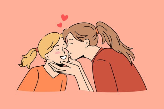 Happy motherhood and childhood concept. Young loving mother woman kissing her small girl daughter feeling love and care vector illustration