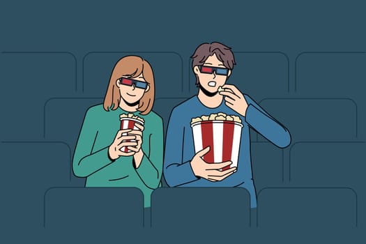 3d cinema and entertainment concept. Young couple boy and girl wearing 3d special glasses sitting watching movie in cinema club eating popcorn having fun vector illustration
