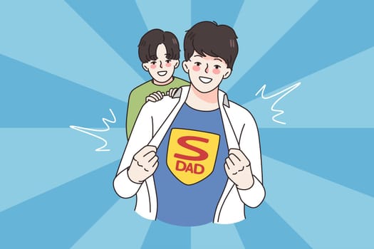 Smiling young Caucasian father show Super dad t-shirt have fun with small son. Happy little boy child hug daddy demonstrate love and care. Fatherhood, best parent concept. Flat vector illustration.
