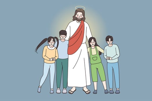 Happy Jesus hug embrace small smiling children