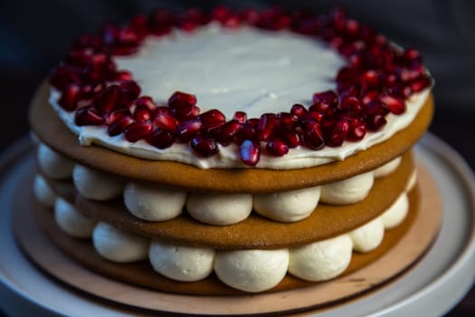 Cake with sponge cakes, decorated with white cream and pomegranate seeds on top in a circle, layers of cream are visible in circles on the side, a close-up view from the side. High quality photo