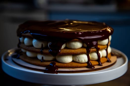 A cake with brown honey cakes, white cream and poured on top with dark chocolate, which flows down the sides, stands on a white stand on a dark background. High quality photo