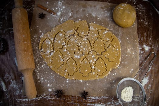 In the rolled out layer of dough, many Christmas trees are cut out, which are marked with contours, the dough lies on baking parchment, next to it lies a rolling pin, dough, a strainer for flour, all in flour and dark tones. High quality photo