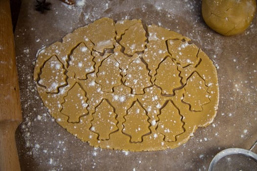 In the rolled out layer of dough, many Christmas trees are cut out, which are marked with contours, the dough lies on baking parchment, next to it lies a rolling pin, dough, a strainer for flour, all in flour and dark tones. High quality photo