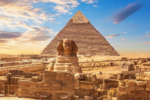The Great Sphinx and the Khafre Pyramid, Egypt, Giza.