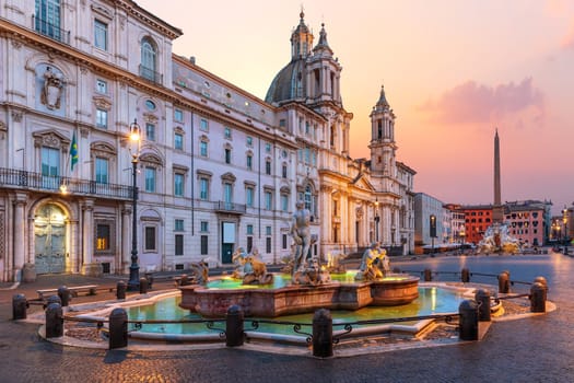 Piazza Navona with Basilica at sunrise, Rome, Italy.