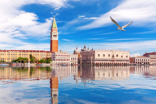 San Marco and Doge's Palace at sunny day, view from the lagoon of Venice, Italy.