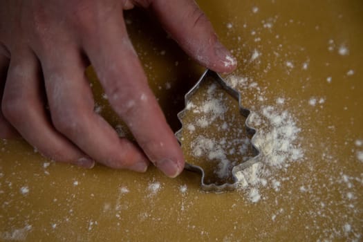 The cookie cutter in the form of a Christmas tree lies on the dough, which is sprinkled with flour like snow, and the pastry chef's hand holds the mold. High quality photo