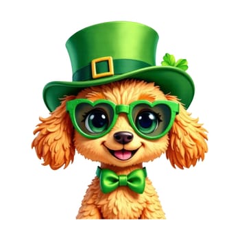 A poodle dog in a leprechaun green hat sits on a white background with green clovers. St. Patrick's Day