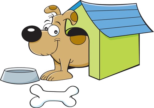 Cartoon illustration of a dog in a doghouse.