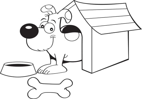 Black and white illustration of a dog in a doghouse.