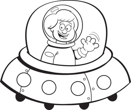 Black and white illustration of a girl in a spaceship.