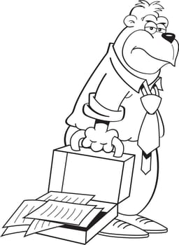 Black and white illustration of a tired gorilla with a briefcase.