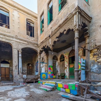 Day shot of Bayt Madkour Pasha, historical abandoned house located at Souq Al Selah Street, Darb Al Ahmar district, Old Cairo, Egypt