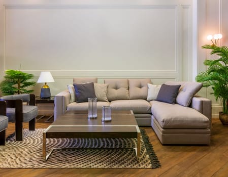 Comfortable grey sofa with cushions placed near square table on rug in spacious modern room with armchairs and green potted plants