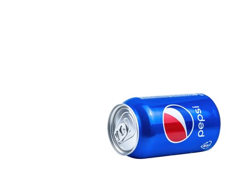 Kiev Ukraine, 12.15.2021. Aluminum can of Pepsi Cola drink. Pepsi Co is a drink of an American company. Aluminum can. Isolate on belm background. The classic colors are blue and red.