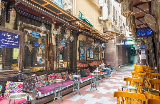 Cairo, Egypt- September 25 2021: Old famous coffeehouse, El Fishawi, located in historic Mamluk era Khan al-Khalili famous bazaar and souq