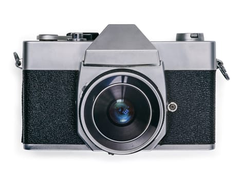 Antique 35mm SLR film camera isolated on white background.