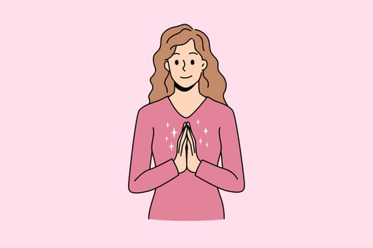 Thankfulness and good attitude concept. Young smiling female wearing red jacket standing with crossed hands on breast feeling thankful vector illustration