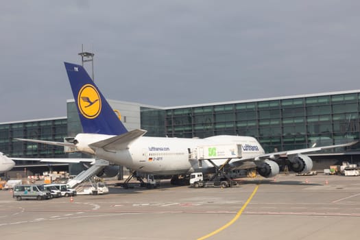 Frankfurt, Germany - March 19, 2020: Lufthansa Flight with Boeing 747 is ready for loading at Frankfurt airport.