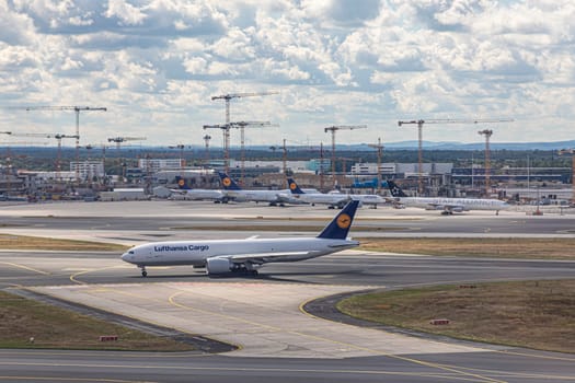 Frankfurt, Germany -July 11, 2020: Lufthansa cargo jet ready  for takeoff at Frankfurt airport.