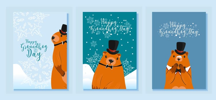 Happy Marmot Day. Set of postcards Babak casts a shadow. Text lettering for greeting card. Vector cartoon illustration. Cute poster or banner of marmot day as funny marmot cartoon. February 2.