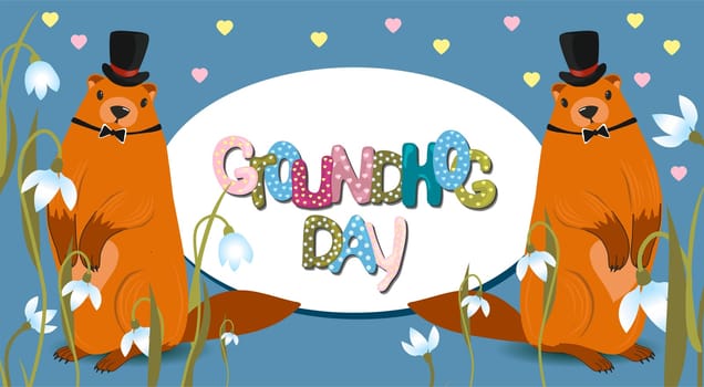 Happy groundhog Day. horizontal banner of marmots. Text lettering for greeting card. Vector cartoon illustration. Cute marmot day poster as a funny woodchuck cartoon. February 2.