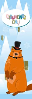 Happy groundhog Day. vertical banner of marmots. Text lettering for greeting card. Vector cartoon illustration. Cute marmot day poster as a funny woodchuck cartoon. February 2.