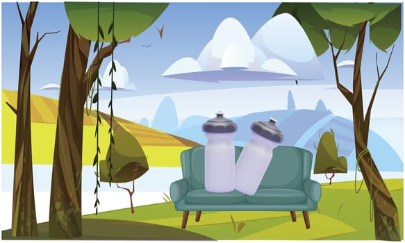 mock of water bottle in a garden with couch
